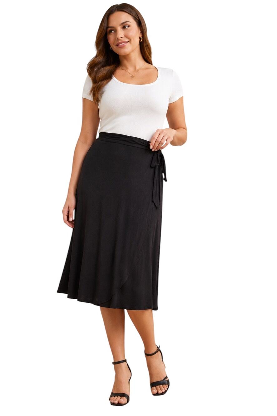 ModCloth Black Wrap Tie Waist Midi Skirt, Stretch Knit A-Line, XL, NWT